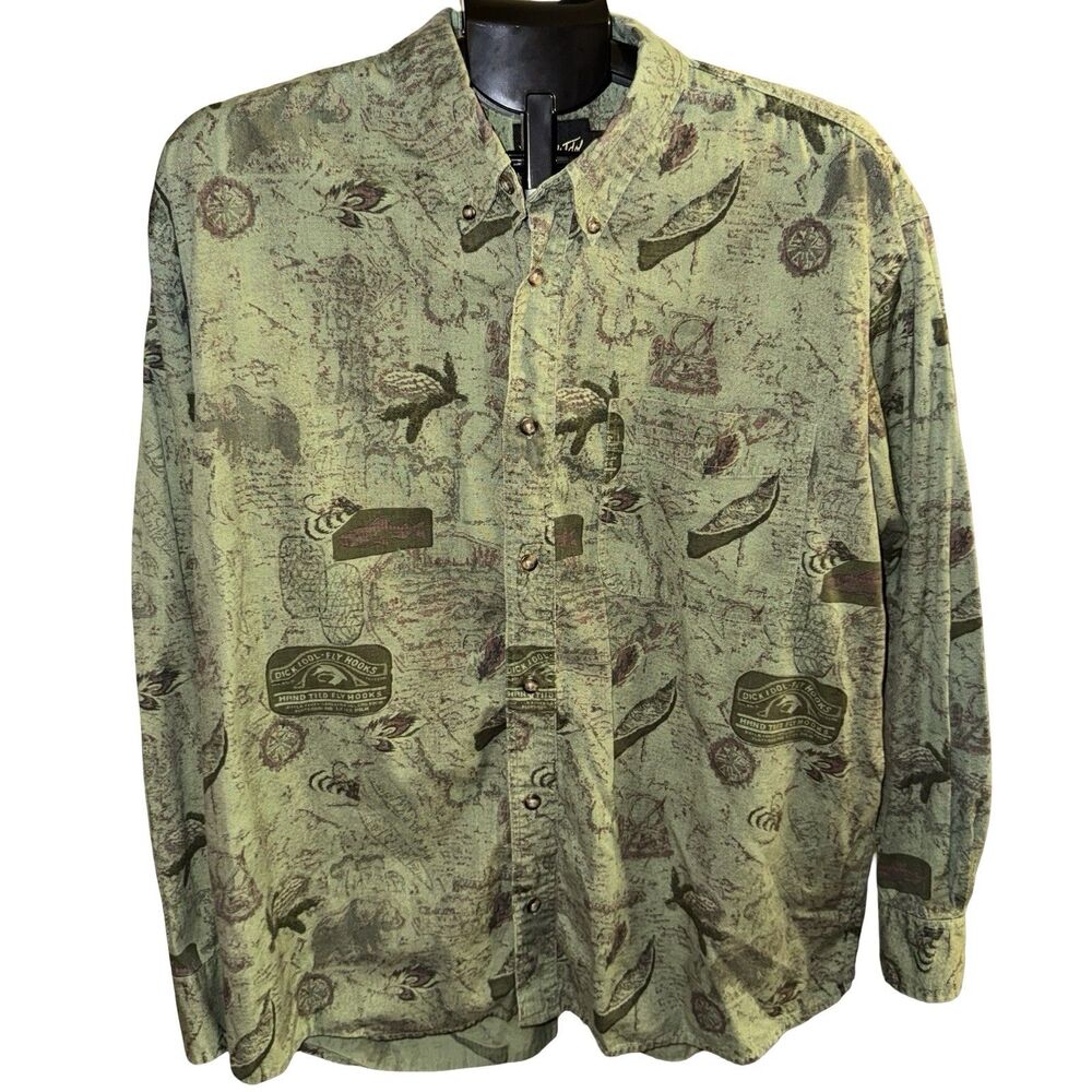 Dick Idol Sportswear Button Down Shirt Size Large All Over Fishing Print Hunting